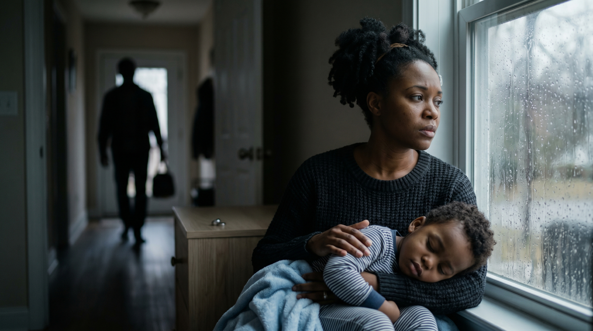Woman holding a sleeping child, watching her partner walk away