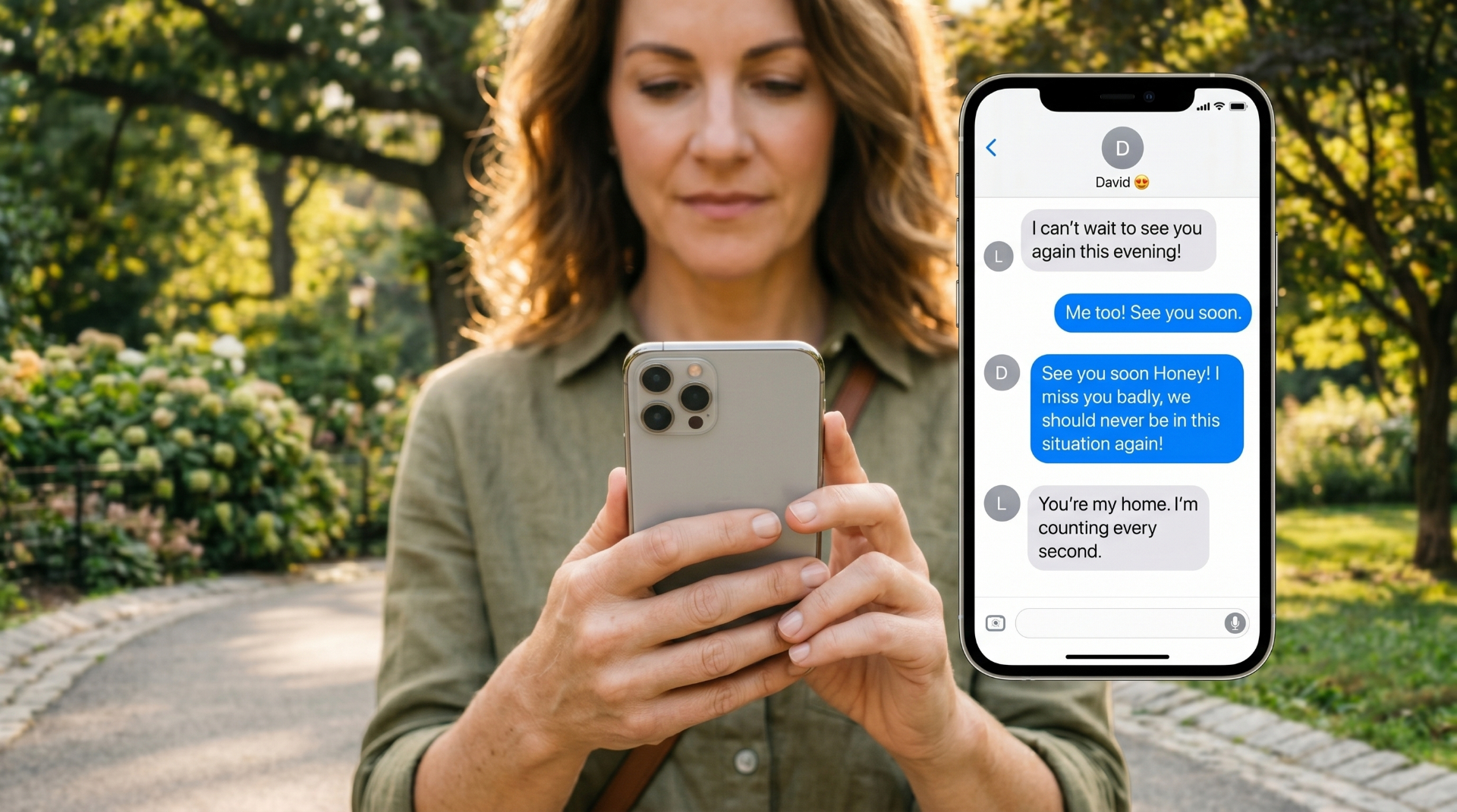 Woman over 35 sending a long message to her partner from a sunny park